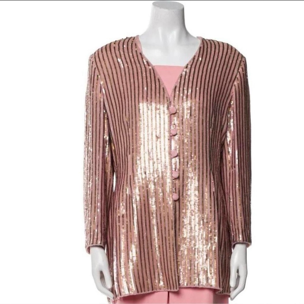 Vintage Escada Pink and Gold Sequin Striped Longline Blazer Statement Jacket - Picture 2 of 9